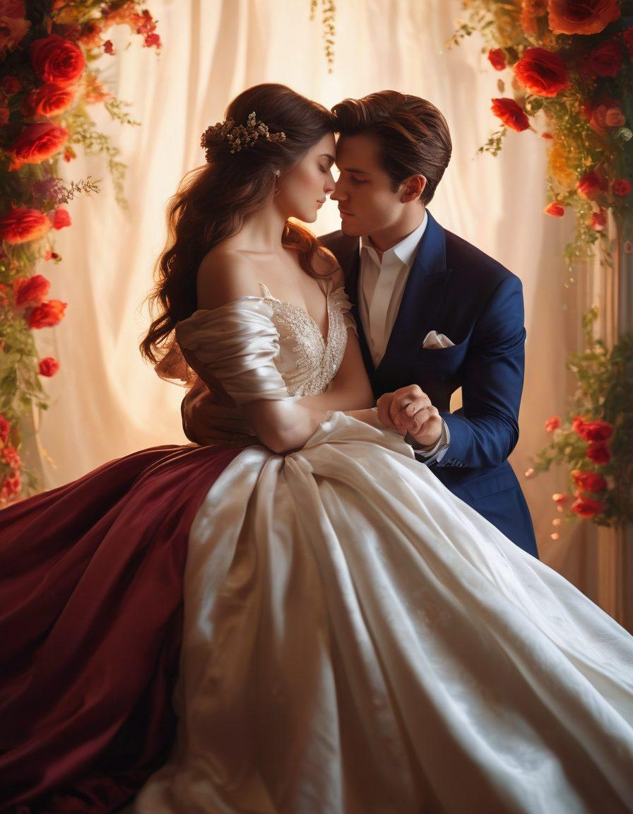 A captivating romantic portrait of a couple entwined in an elegant pose, surrounded by soft, ethereal lighting that accentuates their expressions of adoration. The backdrop features flowing fabrics and delicate floral elements, symbolizing the intertwining of love and fashion. The couple's fashionable attire contrasts with the gentle, dreamy atmosphere, showcasing the fusion of modeling and romanticism. super-realistic. vibrant colors. soft focus.