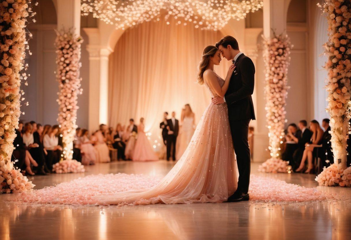 A dreamy, romantic scene showcasing a couple in elegant, high-fashion attire on a runway, surrounded by soft petals and twinkling fairy lights, capturing the essence of love and fashion intertwining. The background features a blurred audience, emphasizing the couple as the focal point, with warm hues and a gentle glow. soft focus, dreamy aesthetic, vibrant colors.