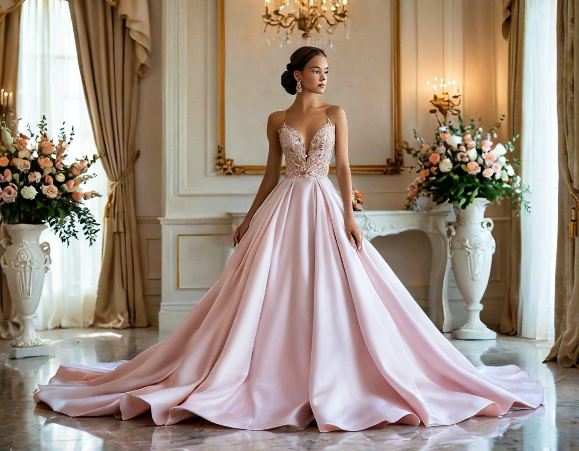 An elegant model poised gracefully in a luxurious setting, showcasing a beautiful, flowing gown that embodies grace and style. The background features soft pastel colors, with delicate floral arrangements that symbolize affection. A gentle spotlight enhances the model's features, reflecting beauty and confidence. The scene captures the merging of affection and fashion, evoking warmth and sophistication. super-realistic. vibrant colors. soft focus.